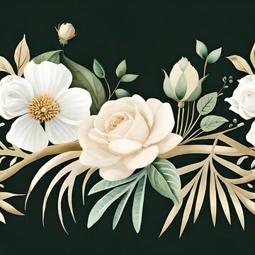 Watercolor seamless border - illustration with green gold leaves, white flowers, rose, peony and branches, for wedding stationery, greetings, wallpapers, fashion, backgrounds, wrappers. Generative AI.