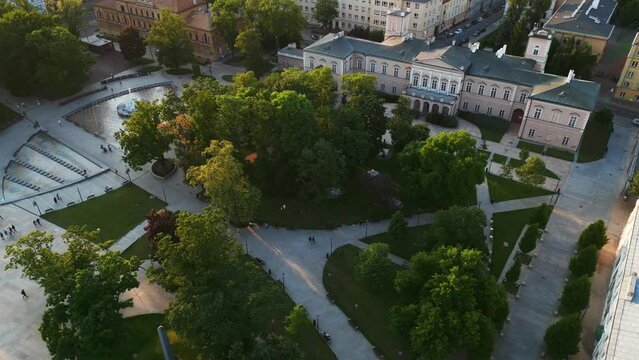 downtown plac litewski, city square and park at sunset, Lublin, Poland