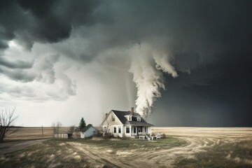 Fototapeta premium Сyclone or tornado forming destruction over populated landscape with house. Generative ai image.