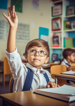 Small boy kid in school classroom raising hand up to answer teacher. Generative AI