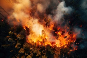 Wildfire burns trees and ground in forest. Generative ai image.