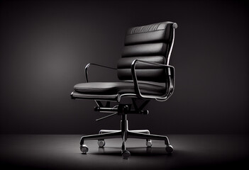 Photorealistic leather black office chair or armchair on a black background. AI generative.