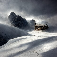 wreckage in a snowy mountain landscapeice snowdaylight natural lighting mountains 