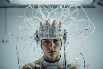 Brain Monitoring in a Futuristic Sci-Fi Lab, Illustrating  Advanced Brain-Computer Interfaces