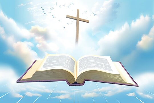 Bible Illustration with Holy Cross Under Heavenly Light 
