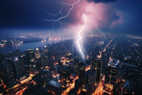 Stormy skies and lightning over a city. Generative ai image.