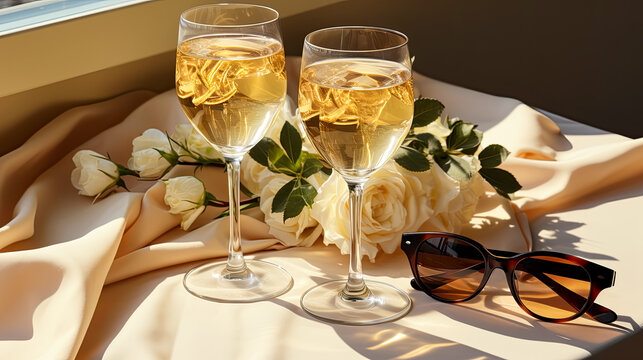 Prosecco with ice, a cool appetizer on a table with flowers, a bright sunny day. AI generated