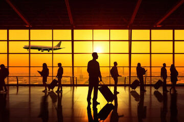 Silhouettes of people at airport hall, some passengers with luggage, airplane and sunset sky visible behind large windows. Generative AI
