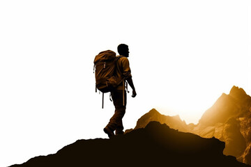 illustration of a hiker in the mountains carrying mountain bag 