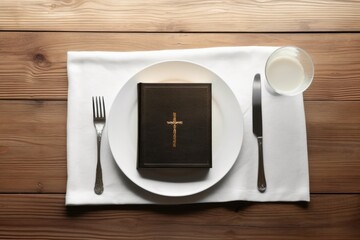 Saying Grace, Table Setting with Bible on Dinner Plate