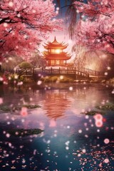 A serene Asian garden with sakura trees, pond, and bokeh illumination. (Illustration, Generative AI)