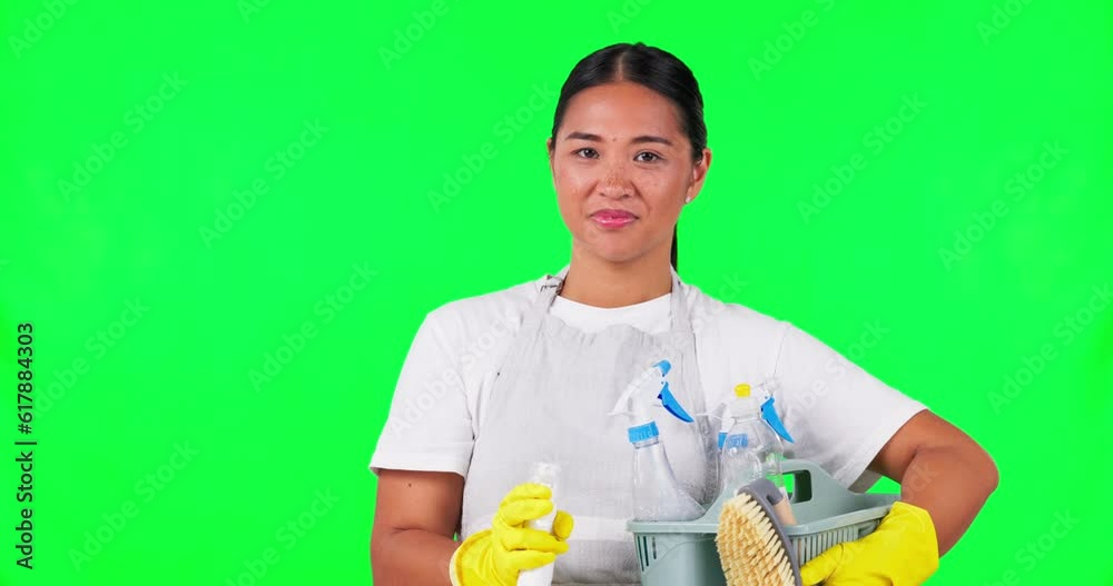 Sticker Woman, cleaner and spray for hygiene, green screen and household maintenance with cleaning product choice. Detergent bottle, service and chemical, female person and mockup space on studio background