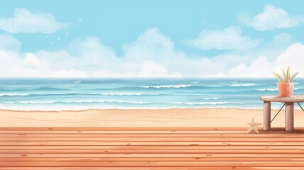 Obraz premium A wooden table on a beach for product displays. (Illustration, Generative AI)