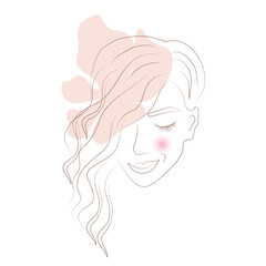 Female smiling beautiful face, with a flower in the background, contour drawing, hand drawing. For your decor, logo, poster, web or social network