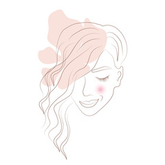 Female smiling beautiful face, with a flower in the background, contour drawing, hand drawing. For your decor, logo, poster, web or social network