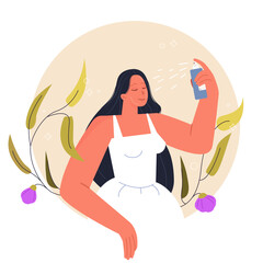 Young girl takes care of her skin. Moisturizing the skin with a spray. Cosmetic illustration. Girl with liquid moisturizer. Isolated illustration for banners, stickers, beauty posters. Perfumed Body
