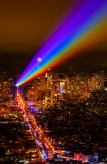Beaming with Pride.  San Francisco's city scape is lit up to celebrate PRIDE during the month of June 2023.  This rainbow laser spans over 4 miles long.