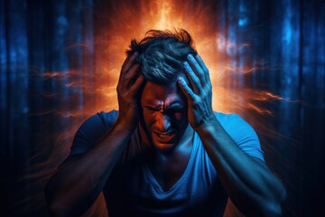 man with severe headache migraine concept of opioid  Withdrawal symptoms - obrazy, fototapety, plakaty