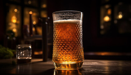 A frothy pint of golden beer on a wooden bar counter generated by AI