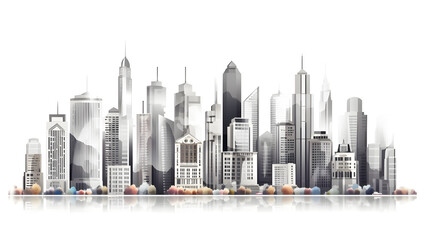 city skyscraper panoramic view,white clean background, Architecture building illustration Generative AI