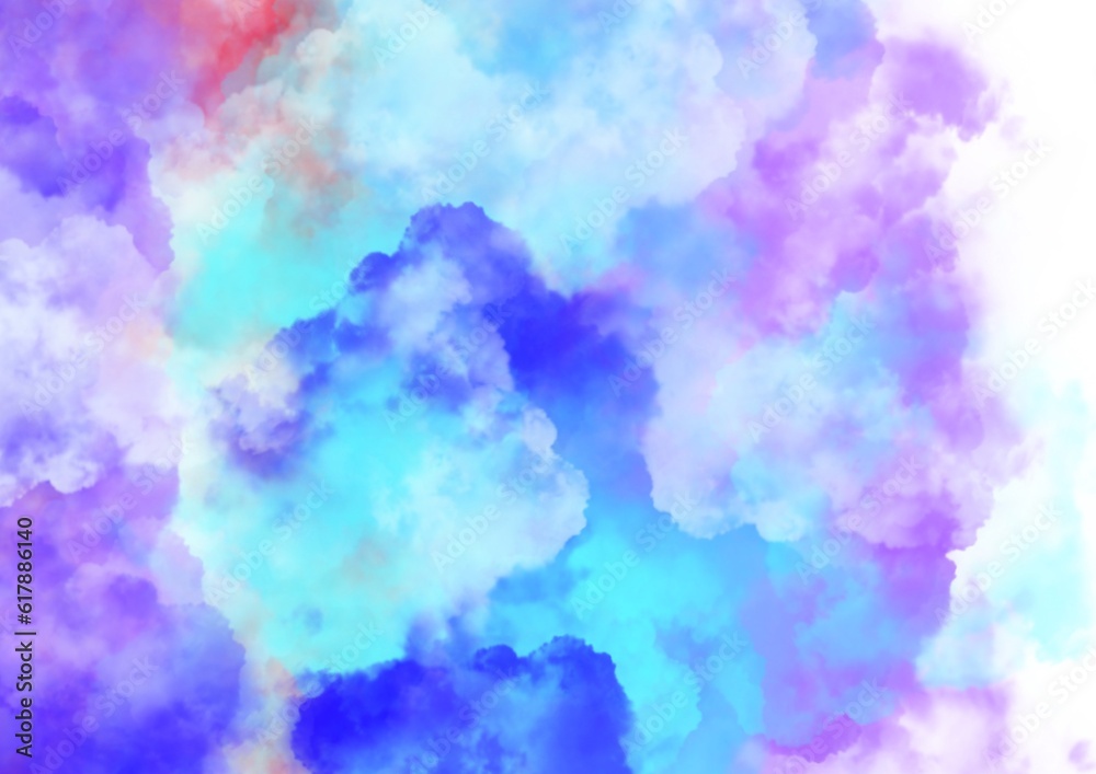 Wall mural abstract watercolor background of clouds in bright blue and pink colours fading into transparency