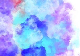 abstract watercolor background of clouds in bright blue and pink colours fading into transparency