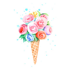 Watercolor painting ice cream waffle cone with pink flowers and colourful dots isolated on white