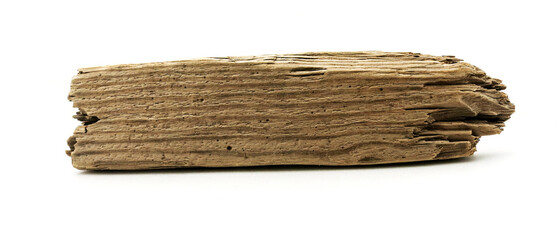 A wooden stick turned by the sea, drifwood on a white background
