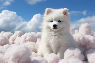 portrait of a cute fluffy white dog on clouds