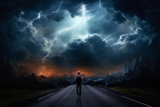 Backpacker on the road watches a storm of epic proportions. AI generative