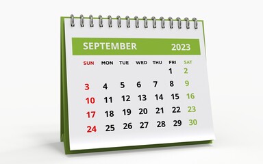 Standing Desk Calendar September 2023. Business monthly calendar with metal spiral-bound, the week starts on Sunday. Monthly Pages on a white base and green title, isolated on white background, 3d ren