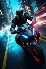 A sleek, futuristic motorcycle racing through a neon - lit cityscape at night, generative ai