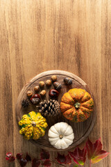 Empty Thanksgiving background with pumpkins and autumn leaves, copy space for text