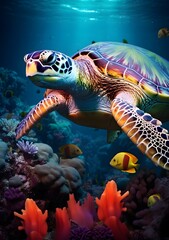 Fototapeta premium A green turtle swimming next to some colored coral