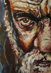 Portrait of an old sad man. Oil painting of a dark emotional man with a colorful beard