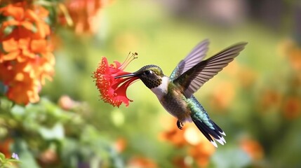 Hummingbird hovering next to blooming flowers. Beautiful hummingbird sucking nectar in flight generative ai