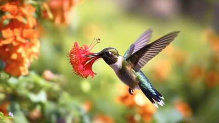Obraz premium Hummingbird hovering next to blooming flowers. Beautiful hummingbird sucking nectar in flight generative ai
