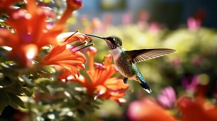 Obraz premium Hummingbird hovering next to blooming flowers. Beautiful hummingbird sucking nectar in flight generative ai