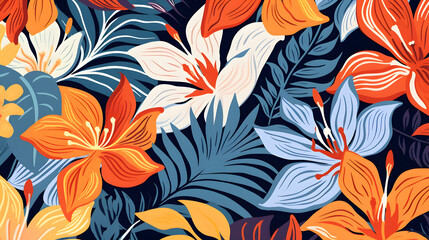 Modern abstract tropical flowers pattern. Hand drawn unique print
