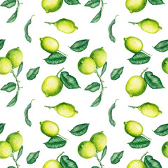 Seamless pattern of watercolor illustrations of lemons on branches with leaves.  Handmade work. Isolated.