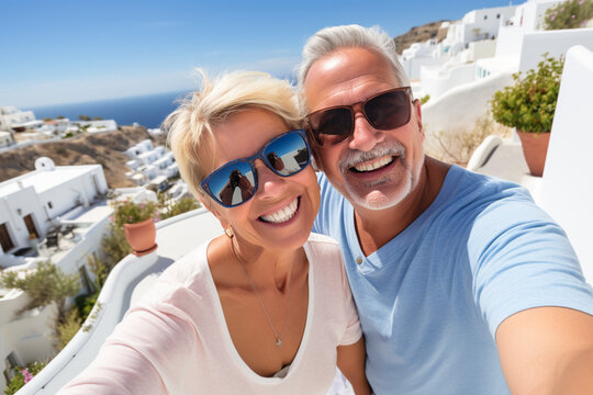 A happy elderly couple of tourists take a selfie against the backdrop of white villas and the seascape on the island of Santorini. Travel retirement concept. AI generated.