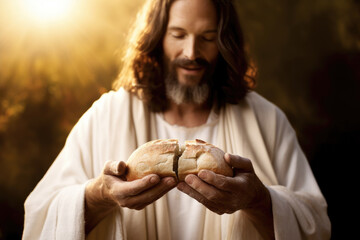 Jesus Christ Breaking Bread with Flowery Hands in Holy Light , Gospel of Luke 24:30-31 Inspired