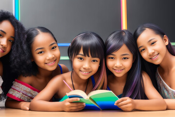 Digital photo of Group of cheerful school girls having fun spending leisure time together. Back to School concept. Generative AI