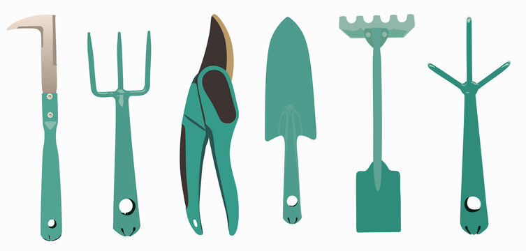 Illustration of set of gardening tools on isolated white.