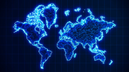 Futuristic glowing world map network connection. 3D blue earth map background with plexus lines. Digital network for business concept. Big data stream technology, world data analytics background © AF DigitalArtStudio