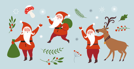 Merry Christmas illustration. Set of Santa characters and design elements, vector images