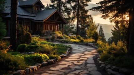 Gravel road leading to a house in the mountains. Generative AI