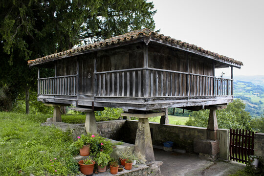 Typical Asturian horreos in Cadavedo, Asturias, Spain