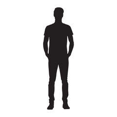 Man in shirt and trousers standing, front view, isolated vector silhouette