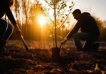 Male and female planting trees at sunset. Couple digging a hole in the ground for the future young plant. Generative AI.